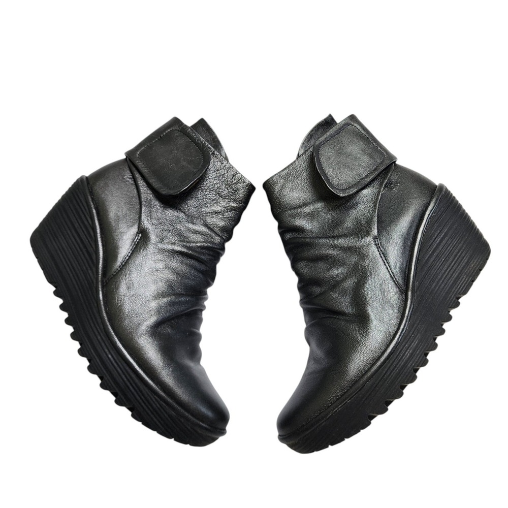 Fly London Womens Yegi Black Metallic Leather Ruched Wedge Ankle Boot EU 39 US 8